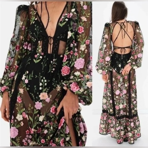 FOR LOVE & LEMONS Luna Maxi Dress In Embroidered Black Floral Size XS NWT - Picture 3 of 10